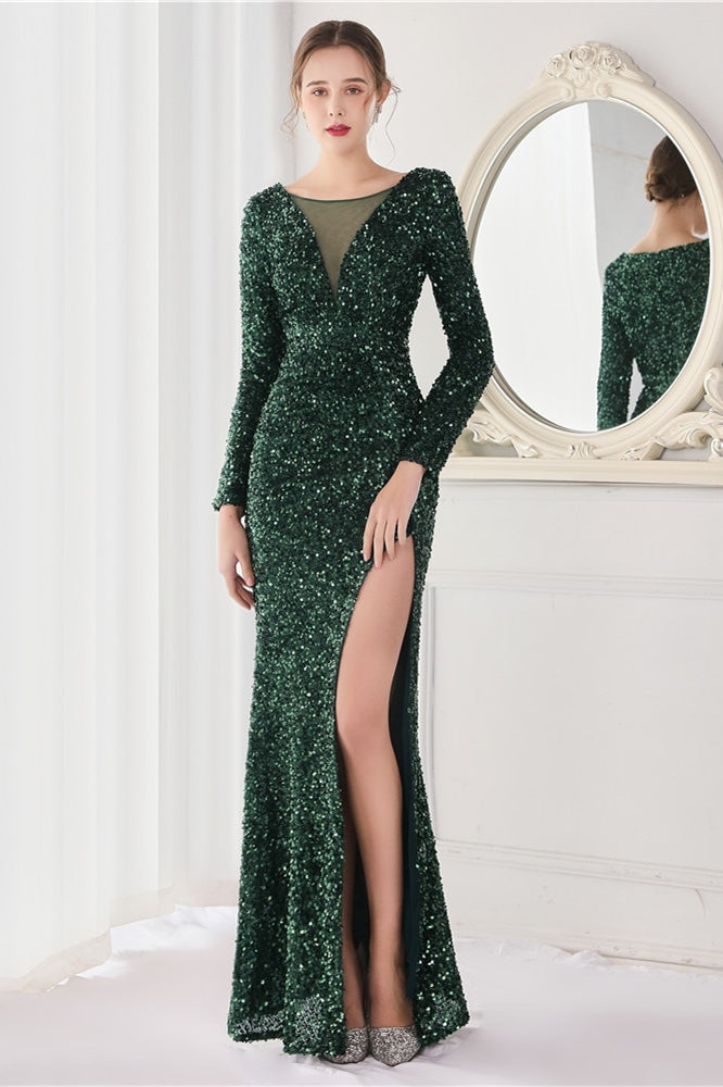 Dark Green Long Sleeves Evening Dress with Sequins and V-Neck Front Split