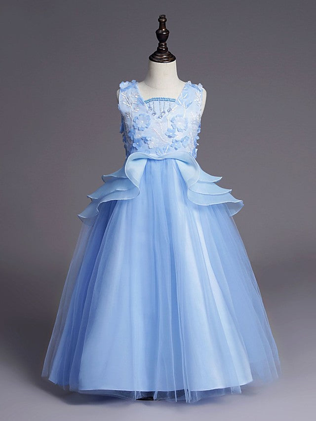 Princess Sleeveless Jewel Long Length Flower Girl Dress with Belt Beadings Embroidery