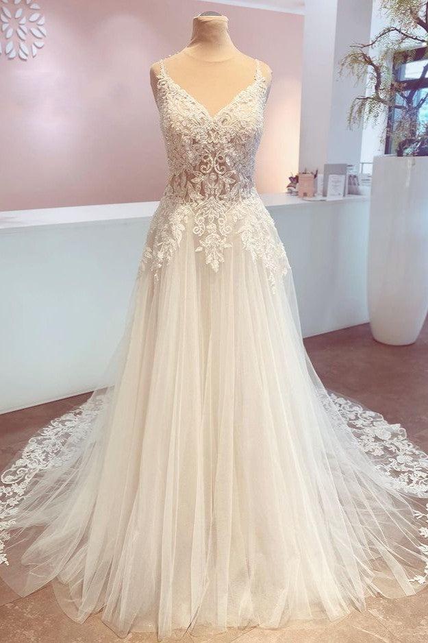 Romantic A-Line Wedding Dress with Appliques Lace and Spaghetti-Straps Backless Train