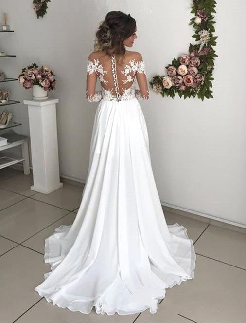 Elegant Long A-line Long Sleeves Slit Wedding Dress with Chiffon Lace