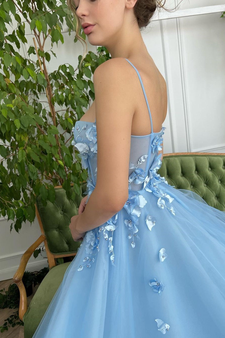 Baby Blue Sweetheart Flowers Appliques Spaghetti Strap Prom Dress with Side Split