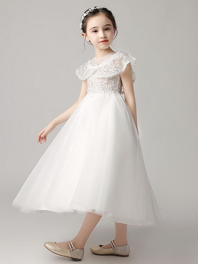 Short Sleeve Jewel Neck Flower Girl Dress With Lace