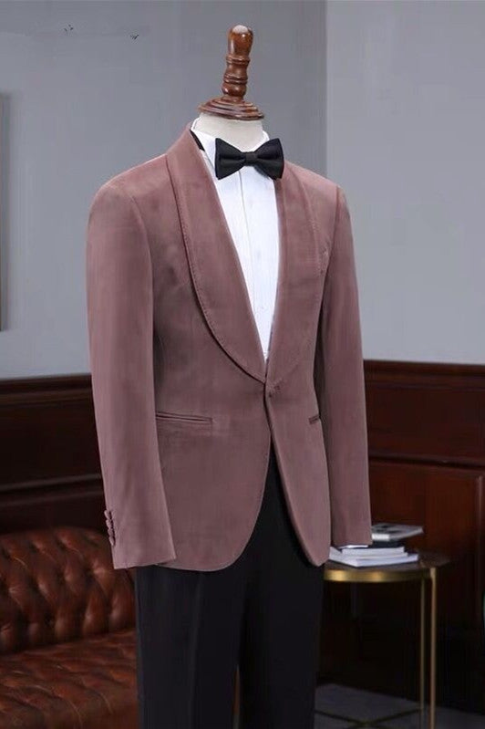 One Button Wedding Suit in Classic Pink Velvet Shawl Lapel for Men