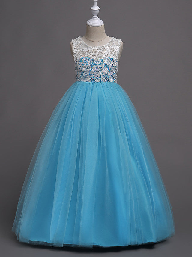 Elegant Lace Satin Tulle Long Length Sleeveless Jewel Neck Flower Girl Dress