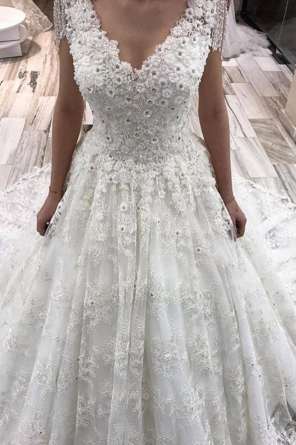 Classy A-Line Deep V-neck Crystal Floor-length Wedding Dress with Appliques Lace