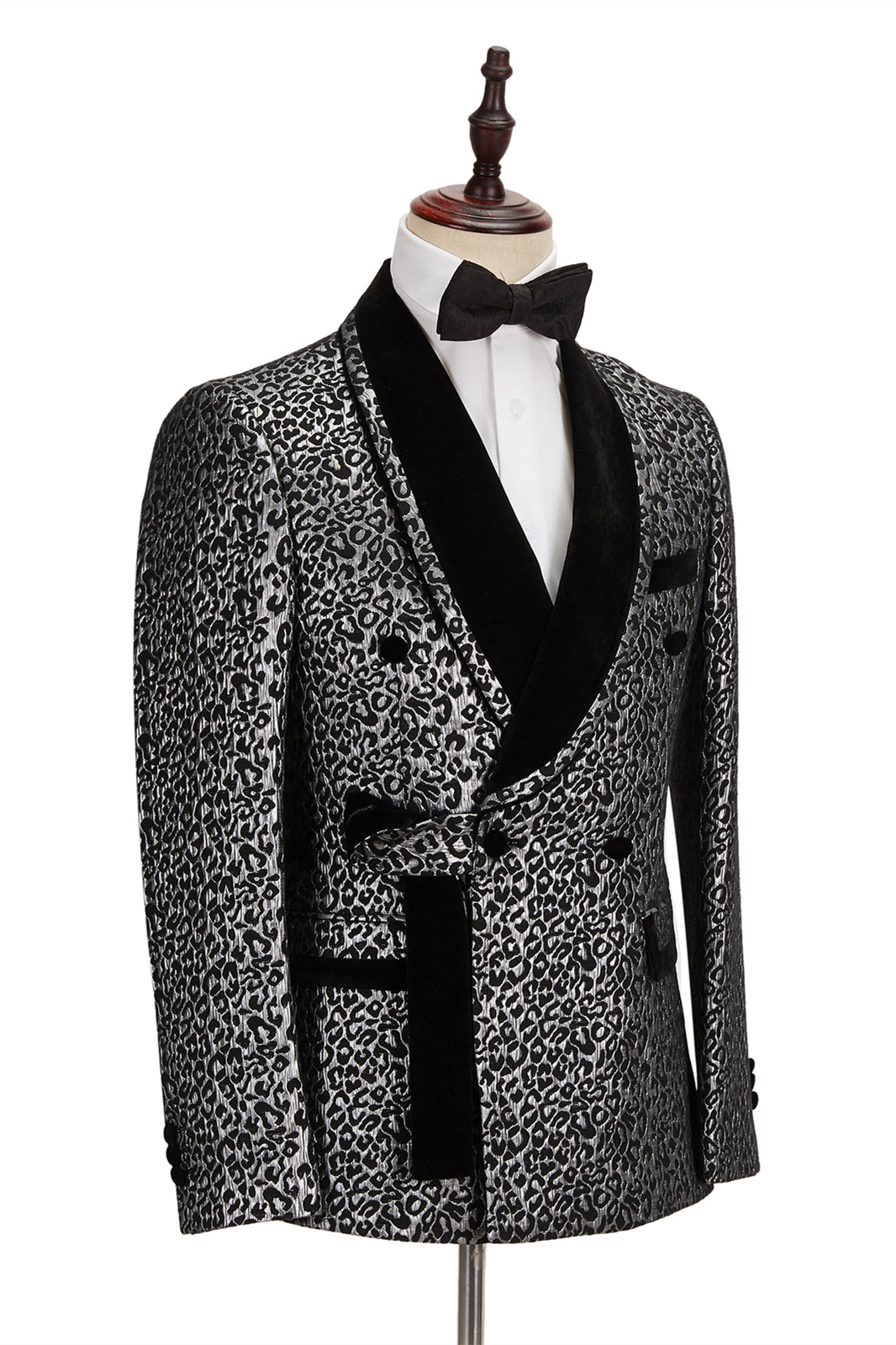 Black Stitching Silver Leopard Jacquard Men's Suit | Formal Shawl Lapel Double Breasted Wedding Suit with Shirt