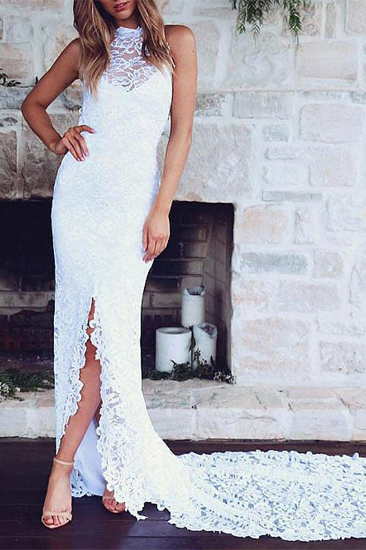 High Neck Lace Summer Beach Wedding Dress for Hot Days