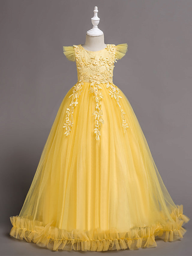 Princess Short Sleeve Flower Girl Dress with Lace Appliques Ruffles