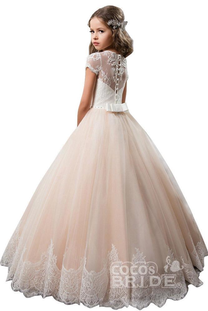 Light Pink Short Sleeve Scoop Neck Ball Gown Flower Girls Dress