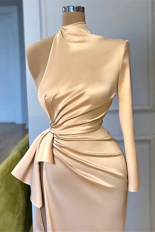 High Neck Long Sleeves Split Mermaid Prom Dress in Champagne