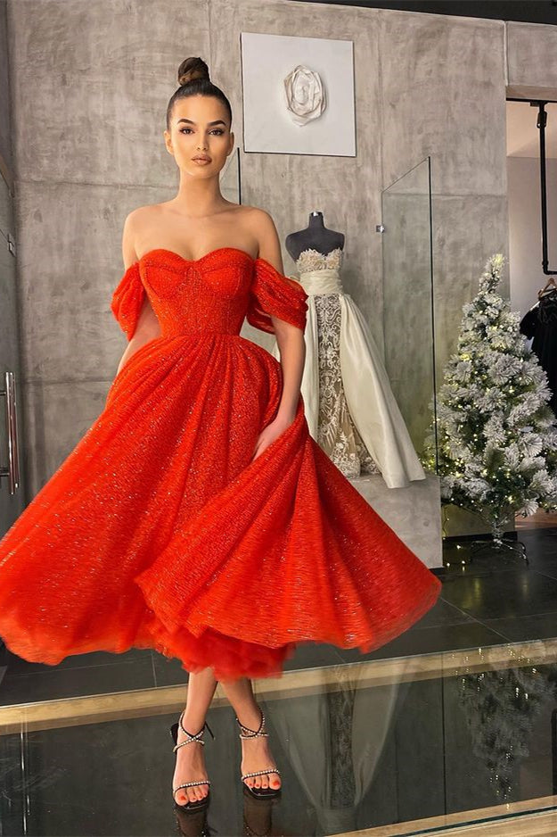 Glamorous Red Off-the-Shoulder Prom Dress With Sequins