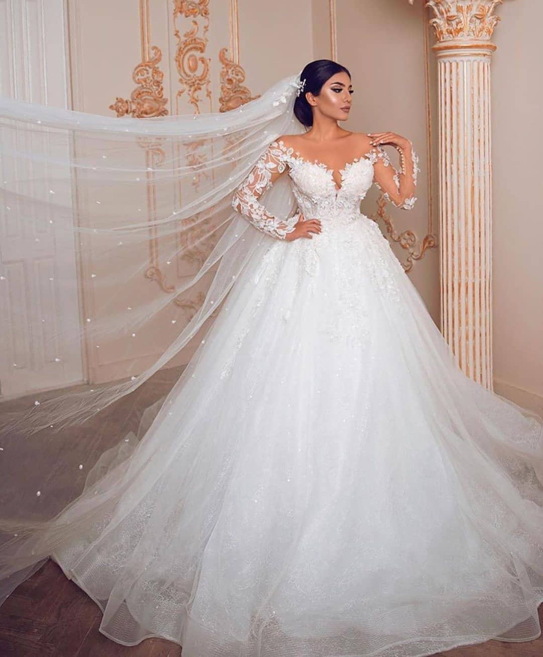 Elegant Princess Tulle Long Sleeves Wedding Dress with Lace