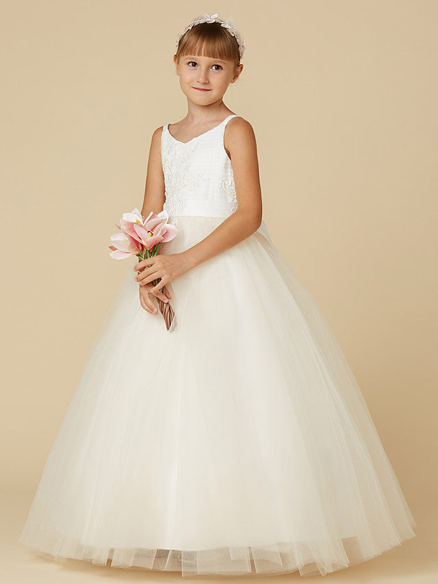 Sleeveless Lace Tulle Flower Girl Dress with Bow Appliques