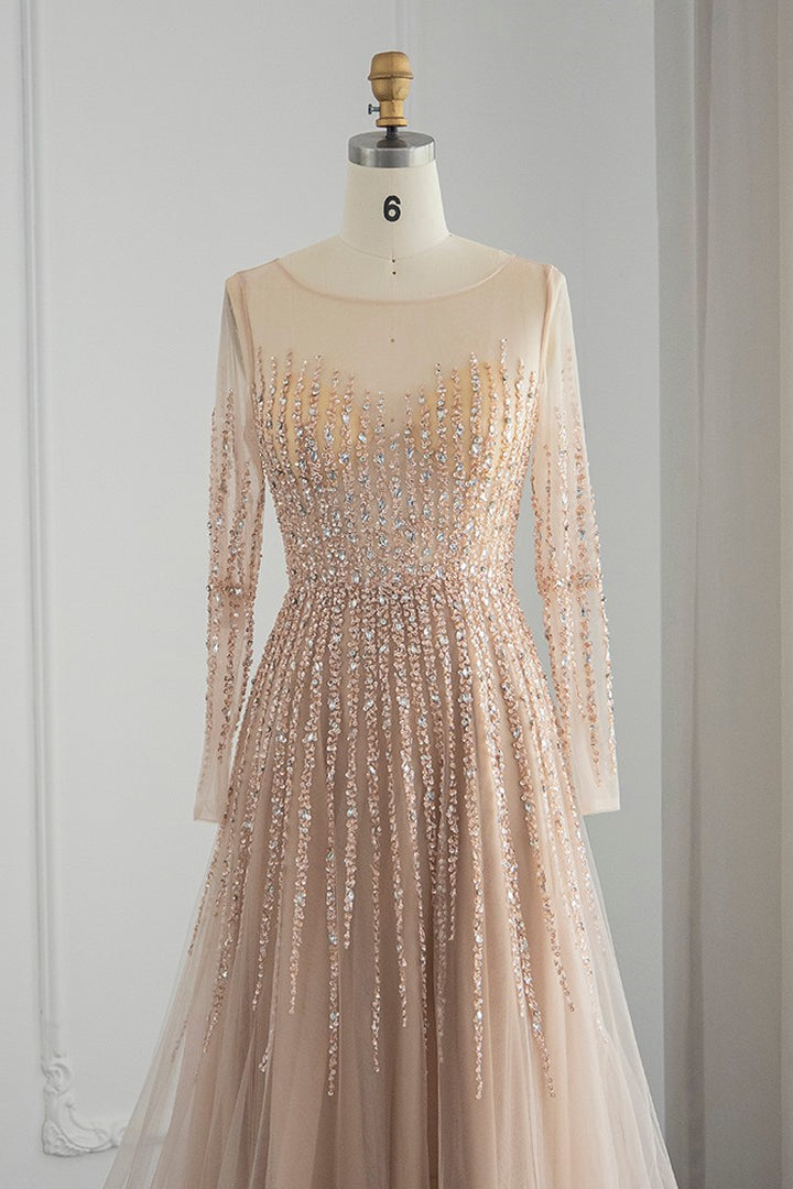 Chic A Line Prom Dress with Tulle and Appliques - Champagne Jewel Neck Long Sleeves