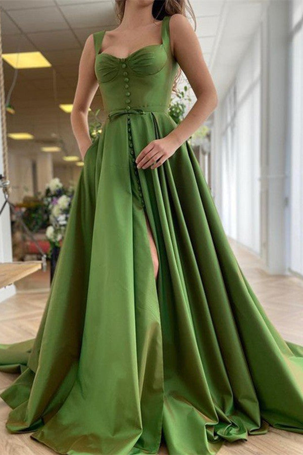Stylish Straps Sleeveless Buttons Prom Dress With Slit