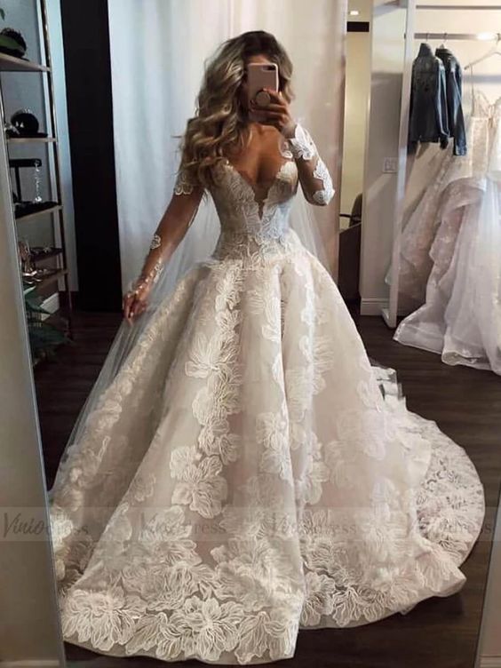 Pearl A-Line Long Wedding Dress with Appliques Lace and Sexy Deep V-neck Sleeves