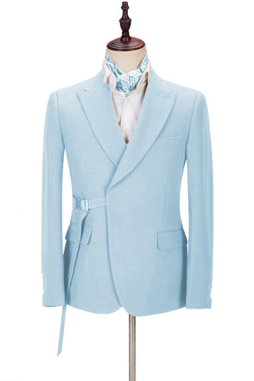 Gorgeous Sky Blue Best Wedding Suits For Men | Peaked Lapel With Adjustable Buckle