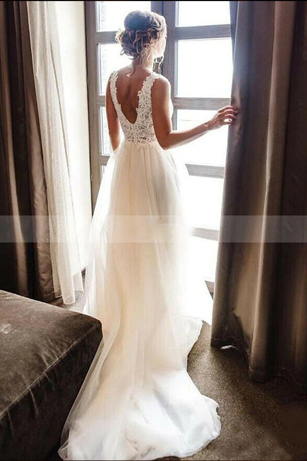 Stunning A-line Backless Wedding Dress With Lace Applique Straps V-necks