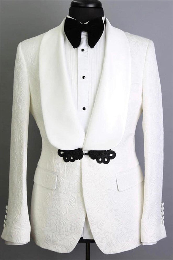 Fashion Reception Suit for Groom - Two Pieces White Shawl Lapel Jacquard