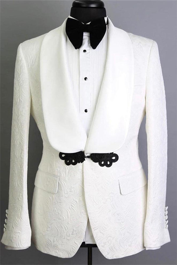 Elegant Slim Fit Tuxedos for Wedding | White Shawl Lapel Jacquard Groom Suits 2 Pieces