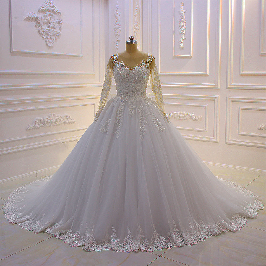 Gorgeous Bateau Long Sleeves Lace A-Line Wedding Dress with Pearl Tulle Appliques