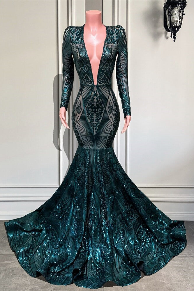 Mermaid Emerald Long Sleeves V-Neck Sequins Lace Prom Dress
