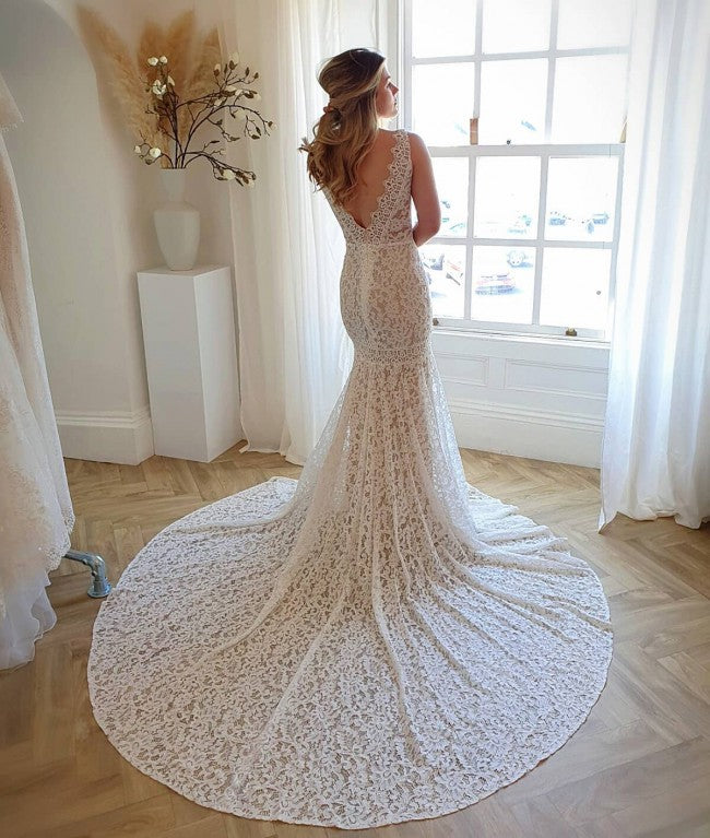 Long Mermaid Wedding Dress With Lace - Modest V-neck Open Back