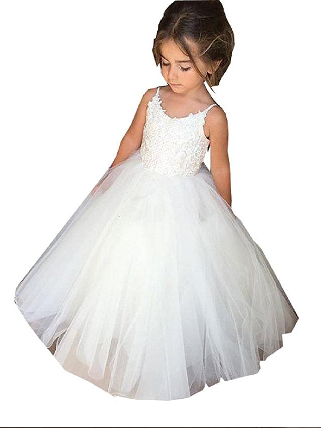 Sleeveless JewelPrincess Long Length Flower Girl Dress with Lace Appliques and Tulle