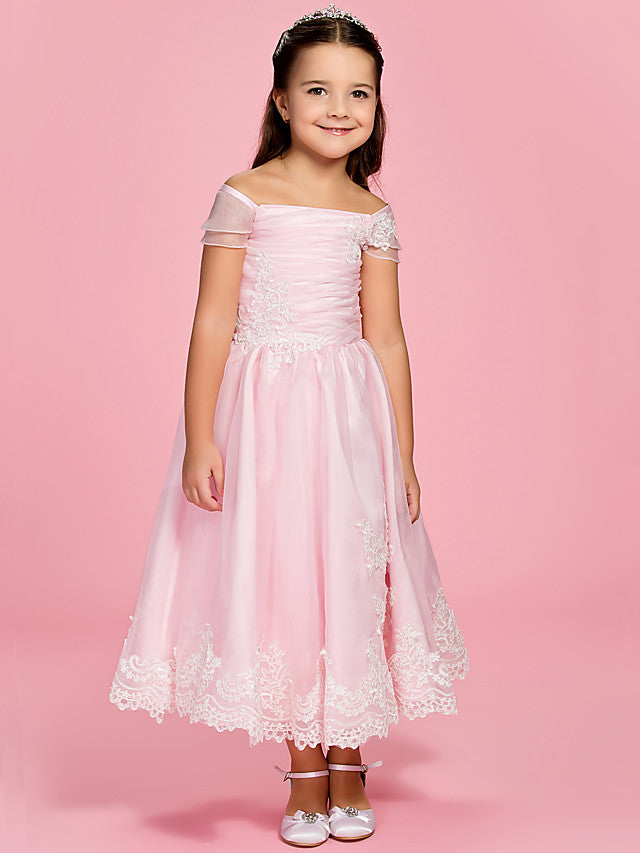 A-Line Ankle Length Organza First Communion Dress With Bow Ruched Appliques