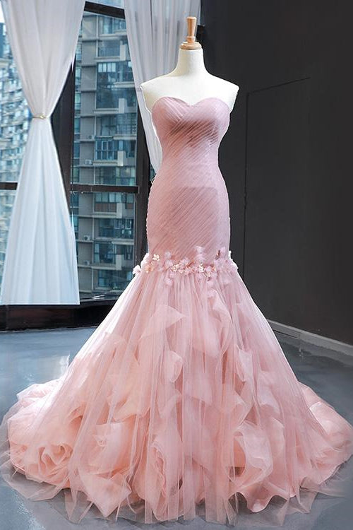 Pink Sweetheart Mermaid Sleeveless Prom Dress With Tulle Ruffle Online