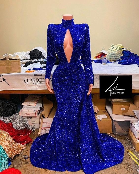 Royal Blue Mermaid Prom Dress with Sequins and High Neck Long Sleeves