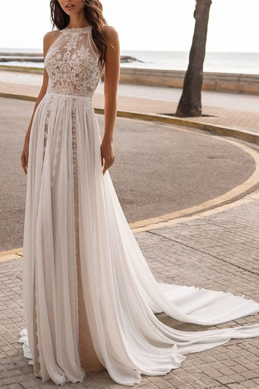 Halter Sleeveless Lace Wedding Dress