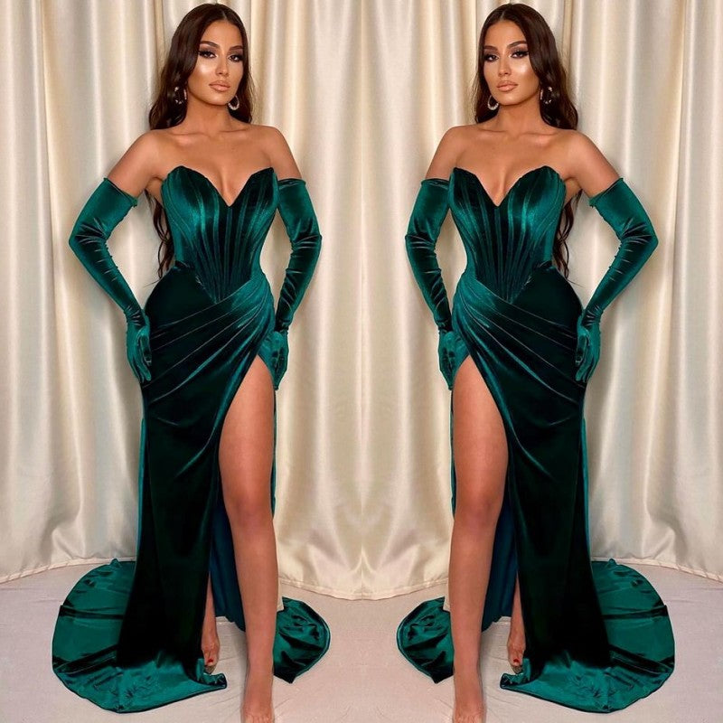 Dark Green Mermaid Evening Dress with Front Split and Gloves