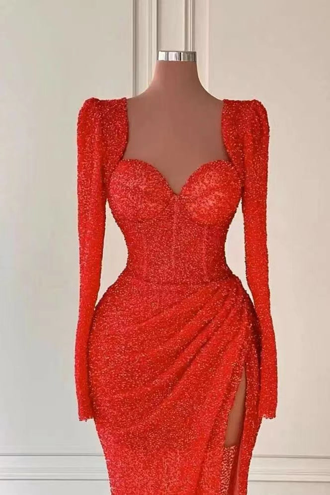 Red Sweetheart Mermaid Evening Dress with Splits and Long Sleeves