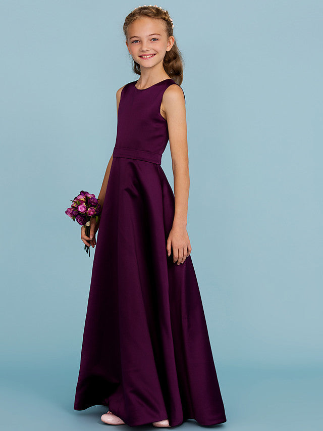 A-Line Jewel Neck Floor Length Satin Junior Flower Girl Dress with Sash for Weddings & Parties