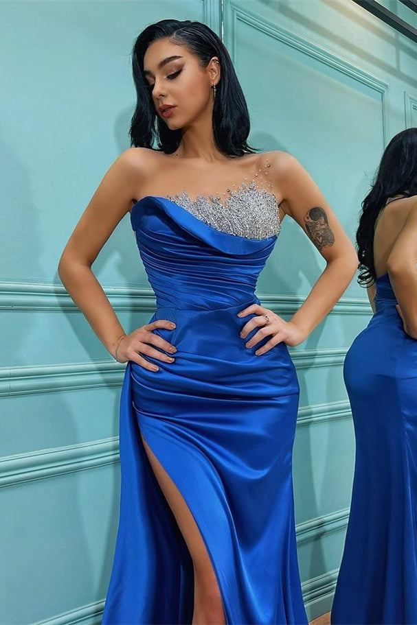 Royal Blue Mermaid Evening Dress With Beadings - Strapless Sleeveless Split