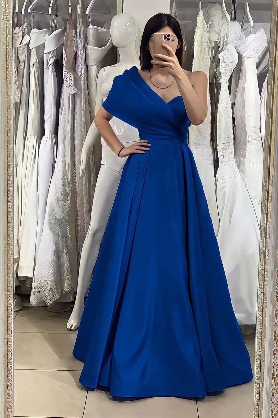 Elegant One Shoulder Sweetheart Evening Dress With Off-The-Shoulder in Royal Blue