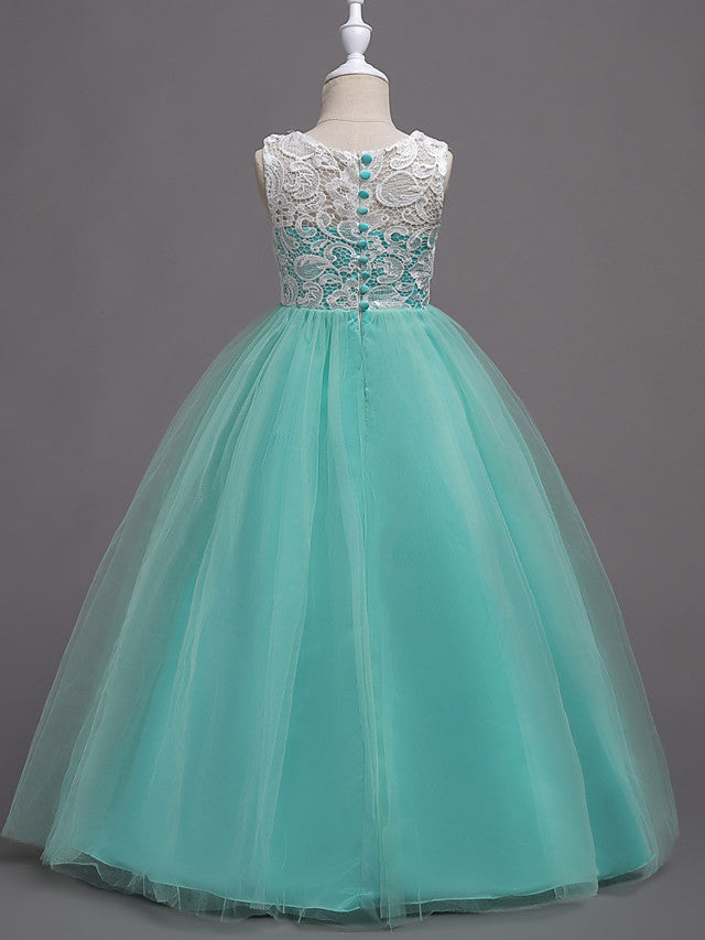 Elegant Lace Satin Tulle Long Length Sleeveless Jewel Neck Flower Girl Dress