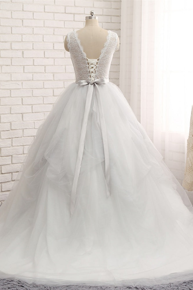 Gorgeous Princess Jewel Long Wedding Dress With Tulle Lace