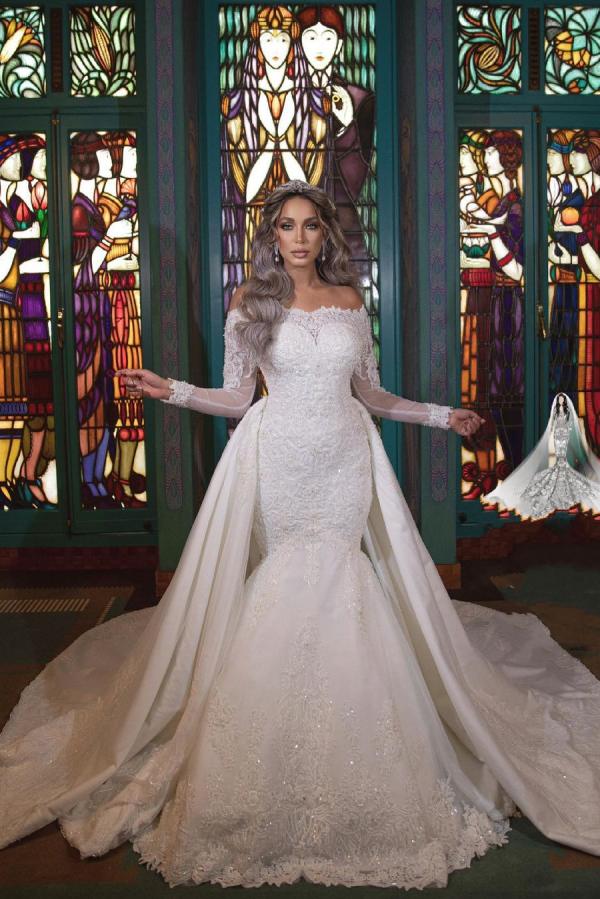 Long Mermaid Off-the-Shoulder Wedding Dress With Detachable Sleeves