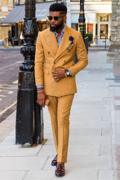 Handsome Yellow Party Suit for Prom with Double Breasted Peaked Lapel