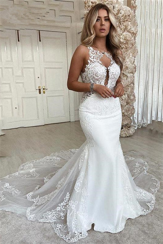 Mermaid Long Sleeveless Wedding Dress with Lace Appliques