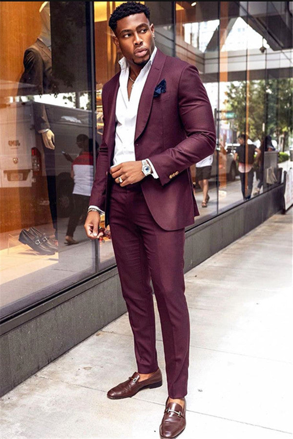 Look Sharp in 2 Piece Burgundy Prom Suit with Shawl Lapel