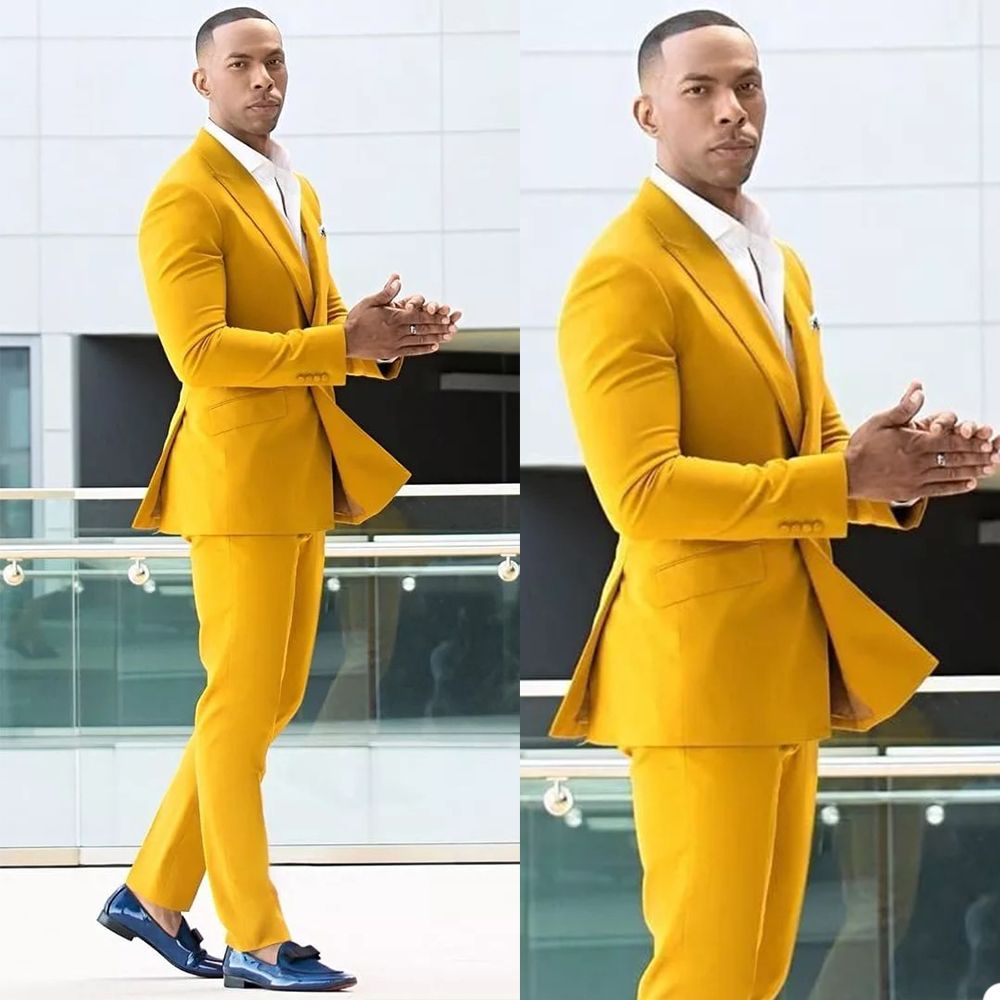 Shining Peaked Lapel Yellow Double Breasted Men Suits for Ring Bearer Prom Online