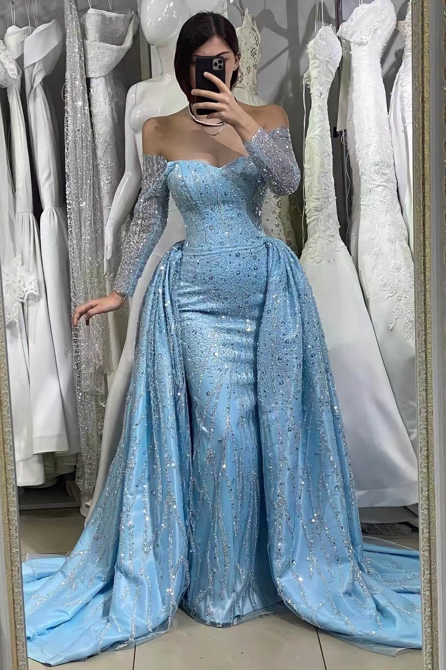 Glamorous Blue Evening Dress with Long Sleeves and Beads