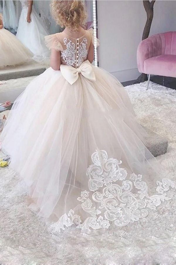 Jewel Sleeveless Ball Gown with Lace Appliques and Bow for Flower Girl Dress