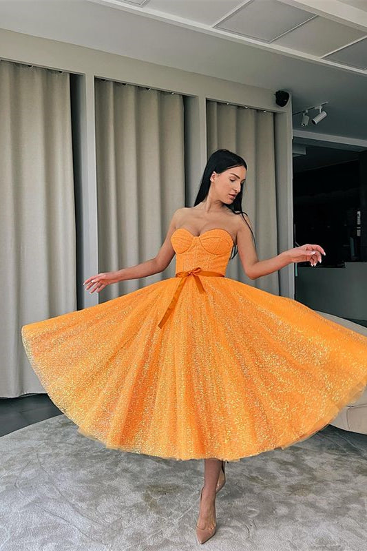 Sequins Sweetheart Dress with Belt - Orange