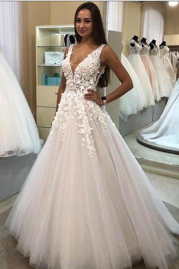 Elegant 3D Floral Long A-line Wedding Dress with V-neck Tulle