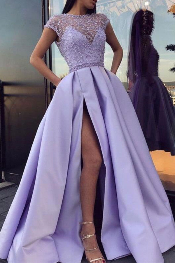 Lavender Split Prom Dress with Beadings - PD0542