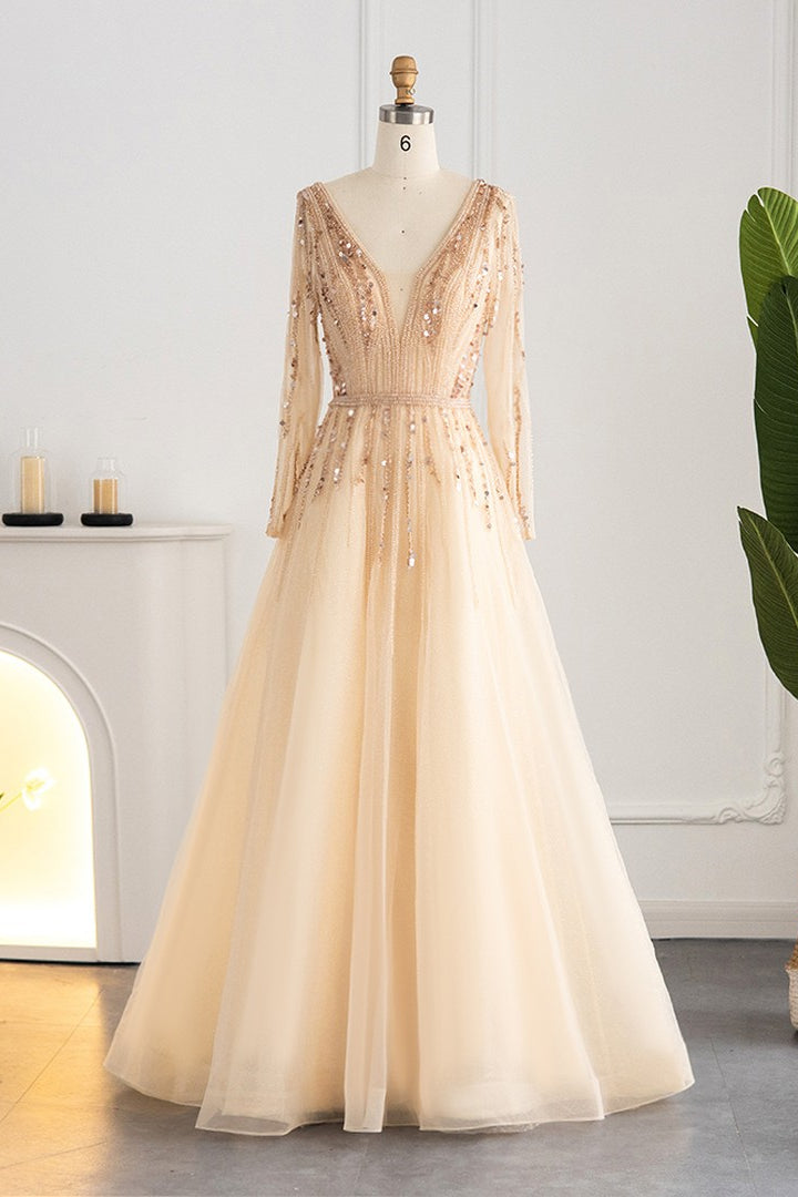 V Neck A-Line Evening Dress with Tulle & Sequins Long Sleeves